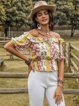 Ruffled Printed Off-Shoulder Short Sleeve Blouse - Trendsi - Flyclothing LLC