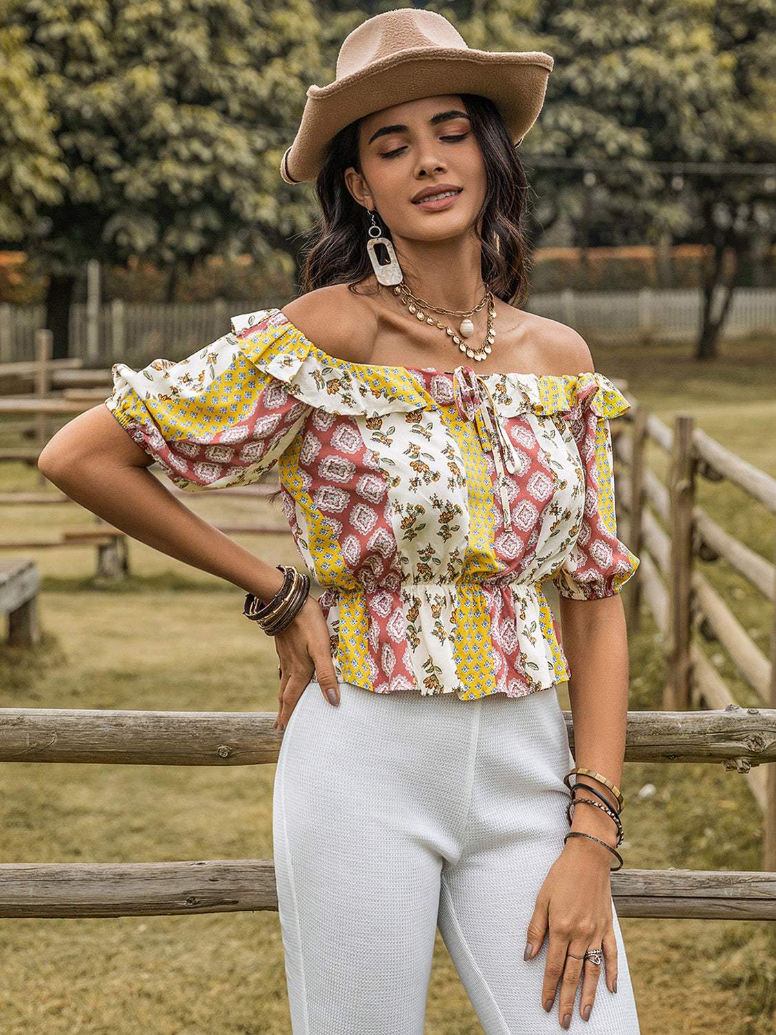 Ruffled Printed Off-Shoulder Short Sleeve Blouse - Trendsi - Flyclothing LLC