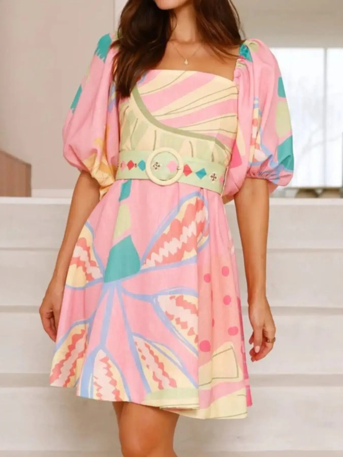 Colorful Print Belted Mini Dress with Puff Sleeves - Trendsi - Flyclothing LLC