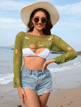 Distressed Boat Neck Long Sleeve Cover Up - Trendsi - Flyclothing LLC