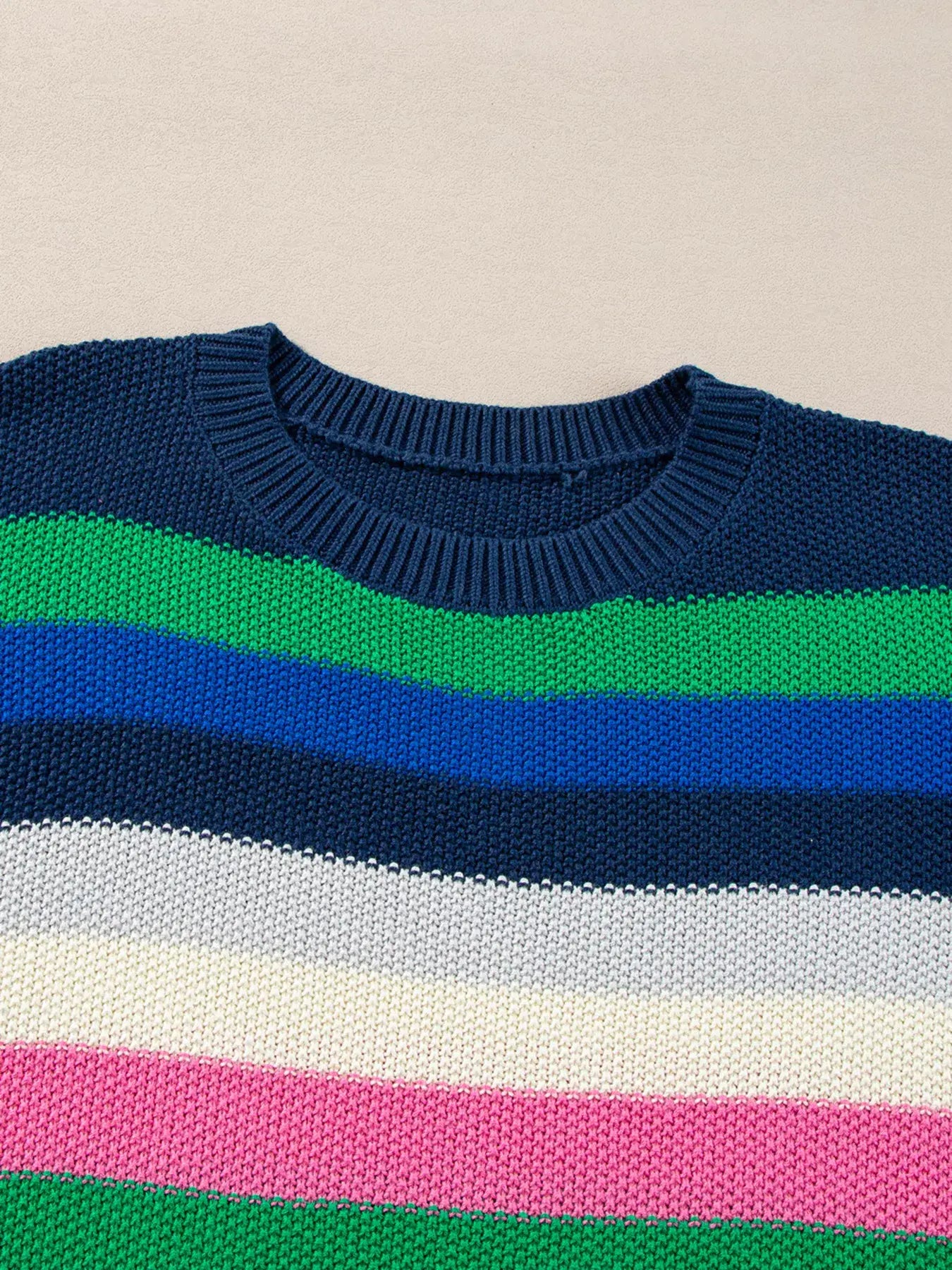 Rainbow Striped Crew Neck Drop Shoulder Sweater - Trendsi - Flyclothing LLC