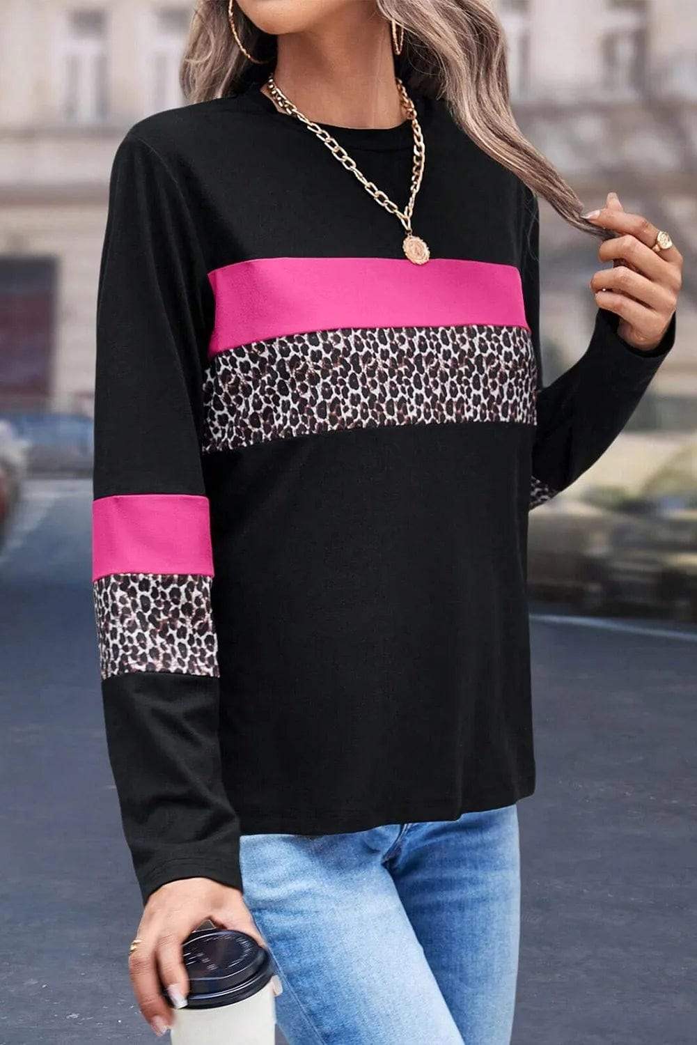 Leopard Round Neck Long Sleeve Blouse - Trendsi - Flyclothing LLC