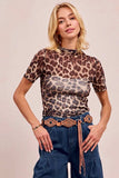BiBi High Neck Leopard Mesh Short Sleeves Top - Trendsi - Flyclothing LLC