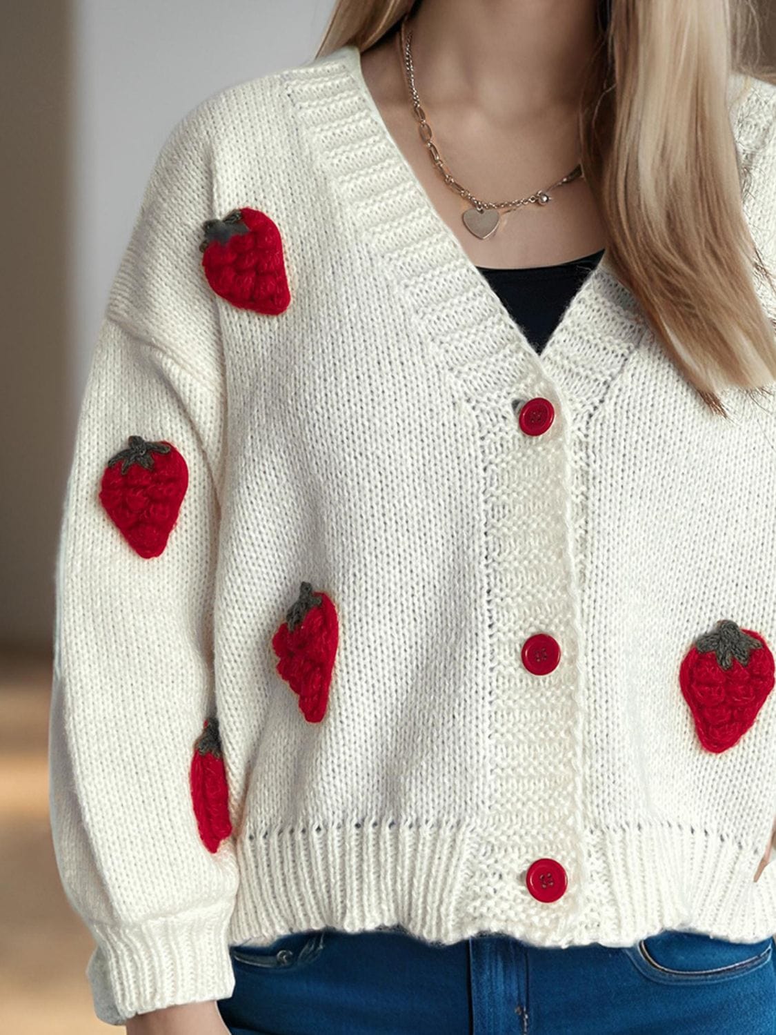 Crochet Strawberry V-Neck Long Sleeve Cardigan - Trendsi