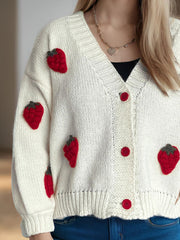 Crochet Strawberry V-Neck Long Sleeve Cardigan - Trendsi