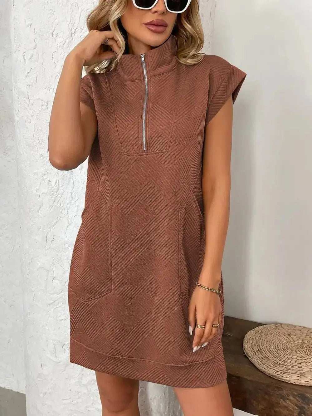 Texture Half Zip Cap Sleeve Mini Dress - Trendsi - Flyclothing LLC