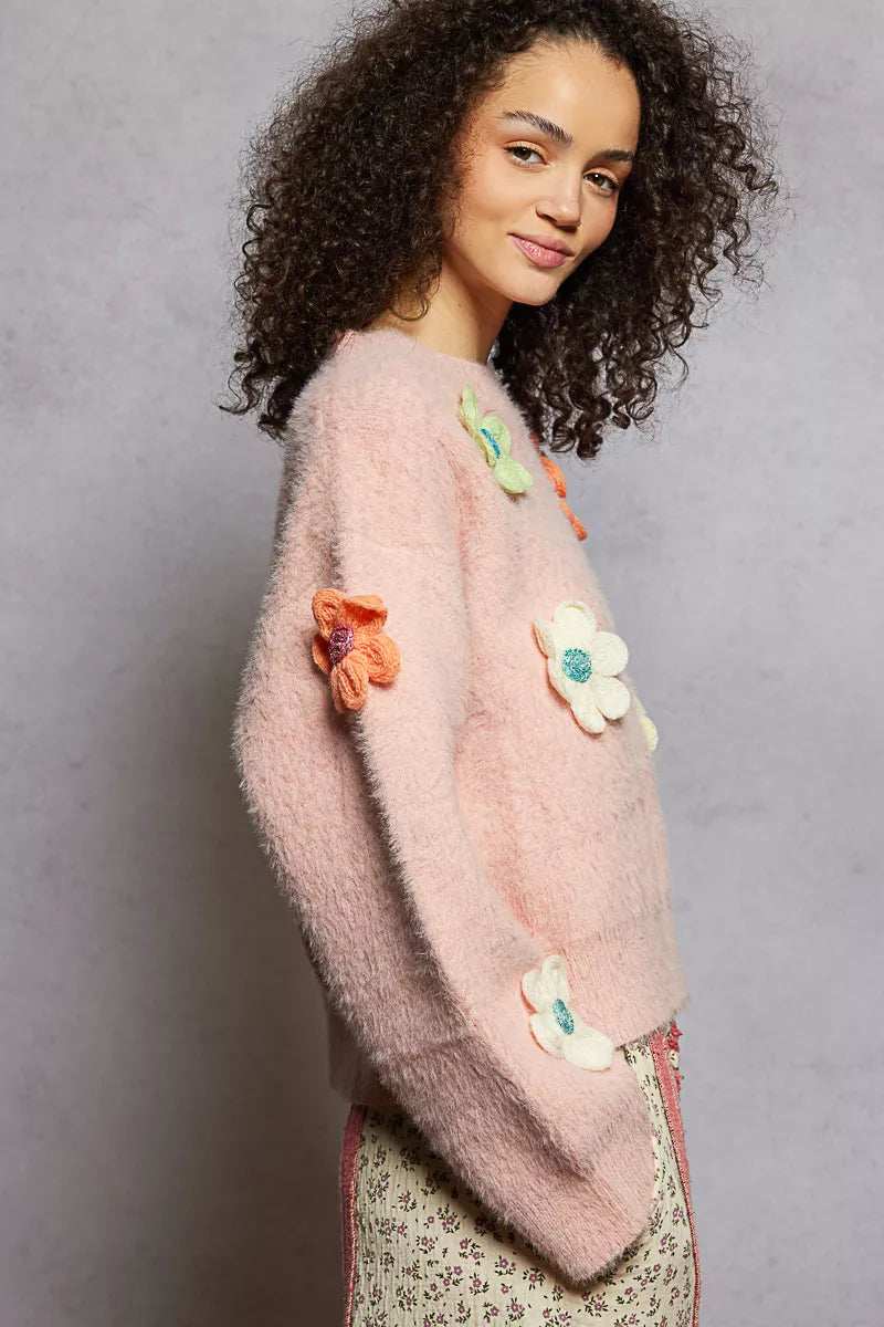 POL Round Neck Long Sleeve Sweater with 3D Floral Patch Detail - Trendsi - Flyclothing LLC