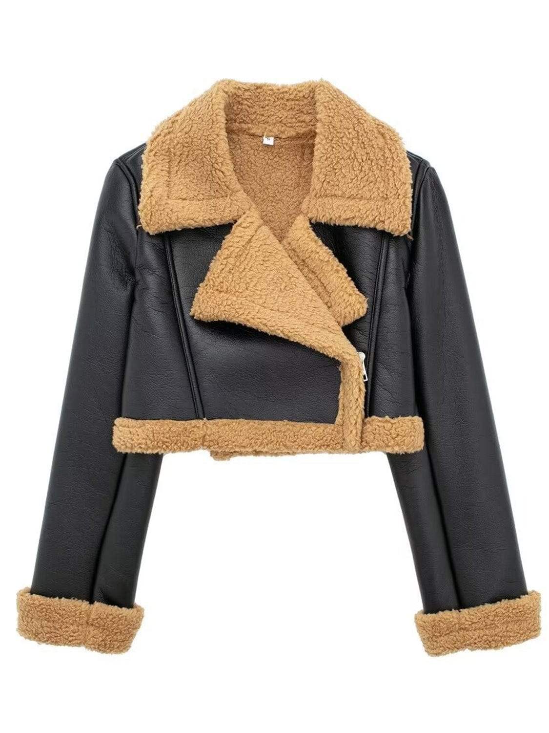 Collared Neck Long Sleeve Plush Cropped Jacket - Trendsi - Flyclothing LLC