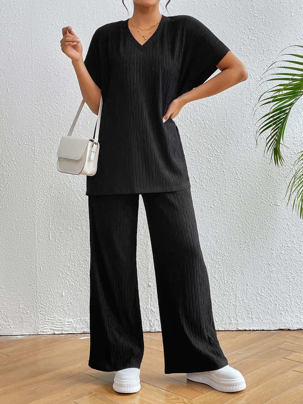 V-Neck Short Sleeve Top and Pants Set - Trendsi - Flyclothing LLC