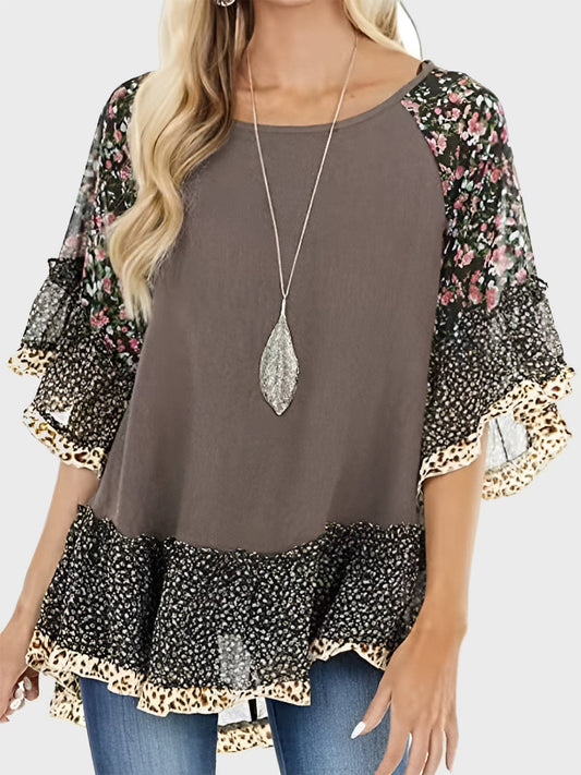 Full Size Frill Printed Round Neck Half Sleeve Blouse - Trendsi