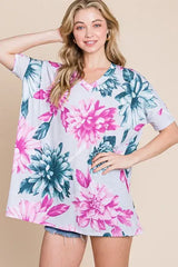 BOMBOM Floral V-Neck Short Sleeve T-Shirt - Trendsi - Flyclothing LLC