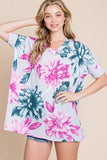 BOMBOM Floral V-Neck Short Sleeve T-Shirt - Trendsi