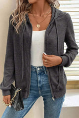 Drawstring Zip Up Long Sleeve Hooded Jacket - Trendsi - Flyclothing LLC