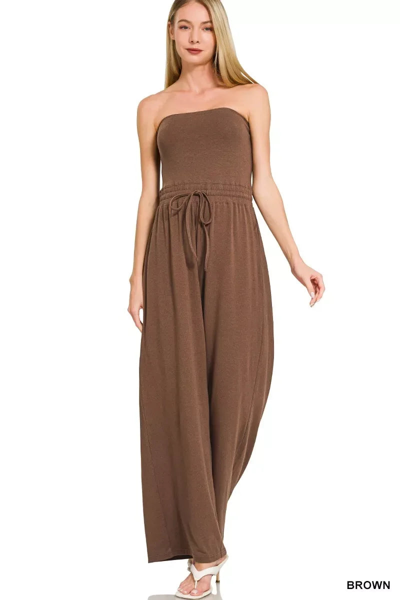 Zenana Tube Top Jumpsuit with Drawstring Waist - Trendsi - Flyclothing LLC