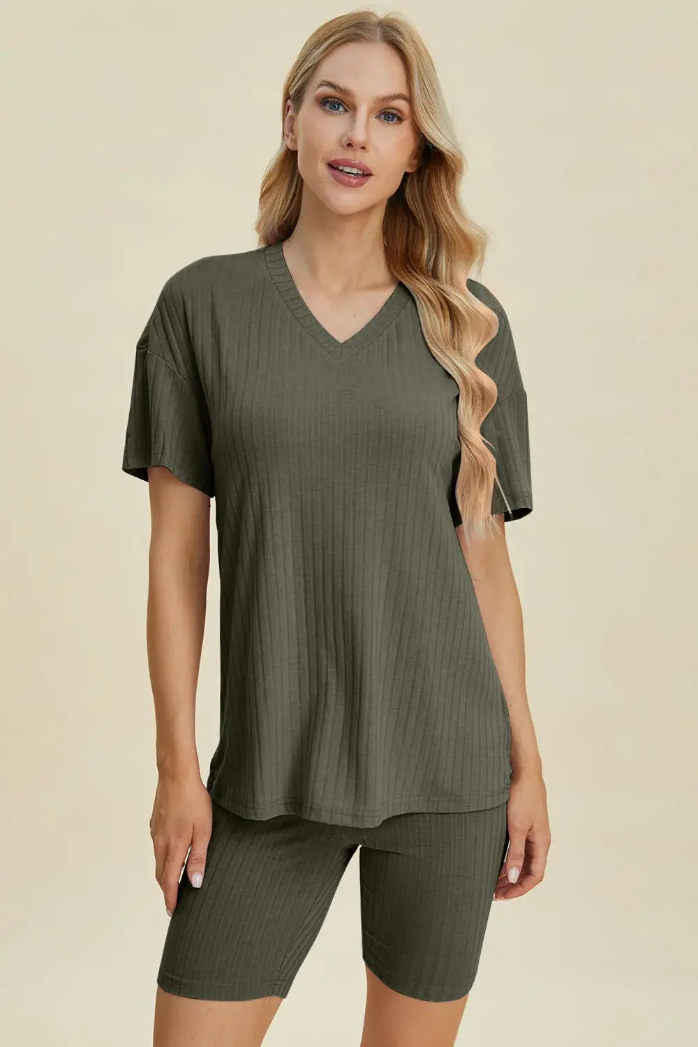 Basic Bae Full Size Ribbed V-Neck Short Sleeve Top and Shorts Set - ShopBasicbae - Flyclothing LLC