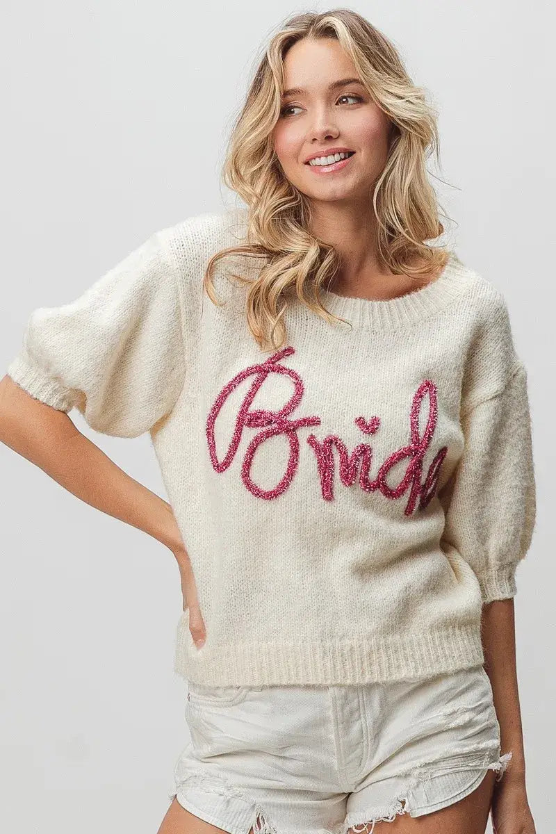 BiBi Metallic Letter Short Puff Sleeve Hairy Sweater - Trendsi - Flyclothing LLC