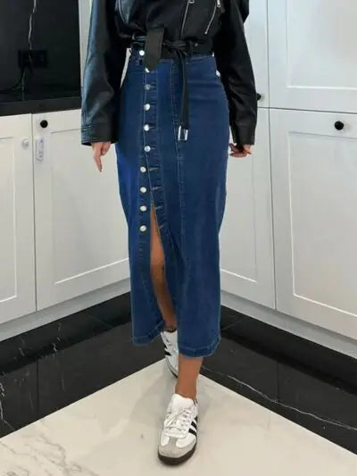 Front Button Slit Midi Denim Skirt - Trendsi - Flyclothing LLC
