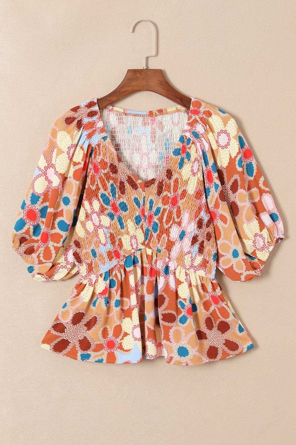 Smocked Printed V-Neck Half Sleeve Blouse - Trendsi - Flyclothing LLC