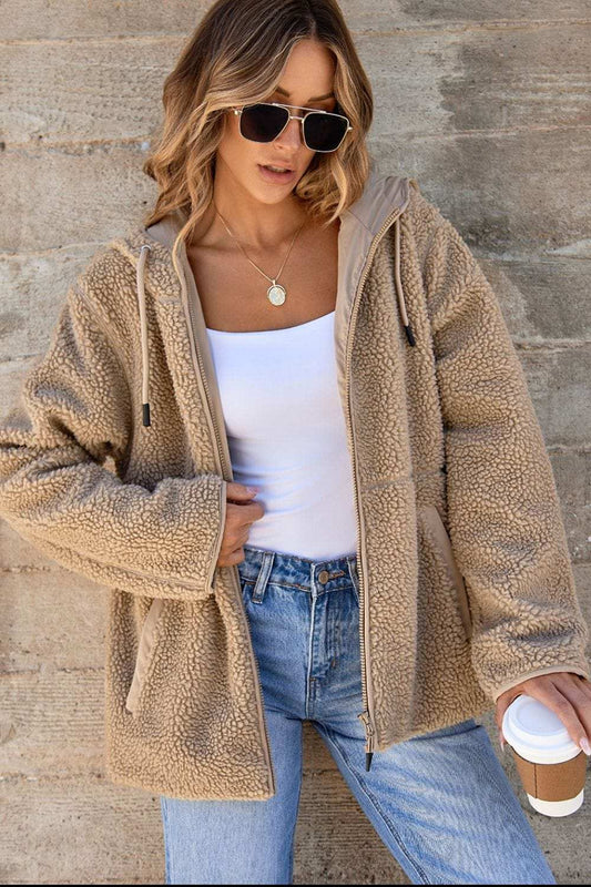 Drawstring Fleece Zip Up Hooded Jacket - Trendsi - Flyclothing LLC