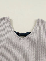 Ribbed V Neck Contrast Ribbon Bow Back Drop Shoulder Long Sleeve Top - Trendsi - Flyclothing LLC