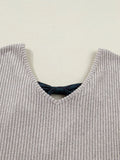 Ribbed V Neck Contrast Ribbon Bow Back Drop Shoulder Long Sleeve Top - Trendsi - Flyclothing LLC
