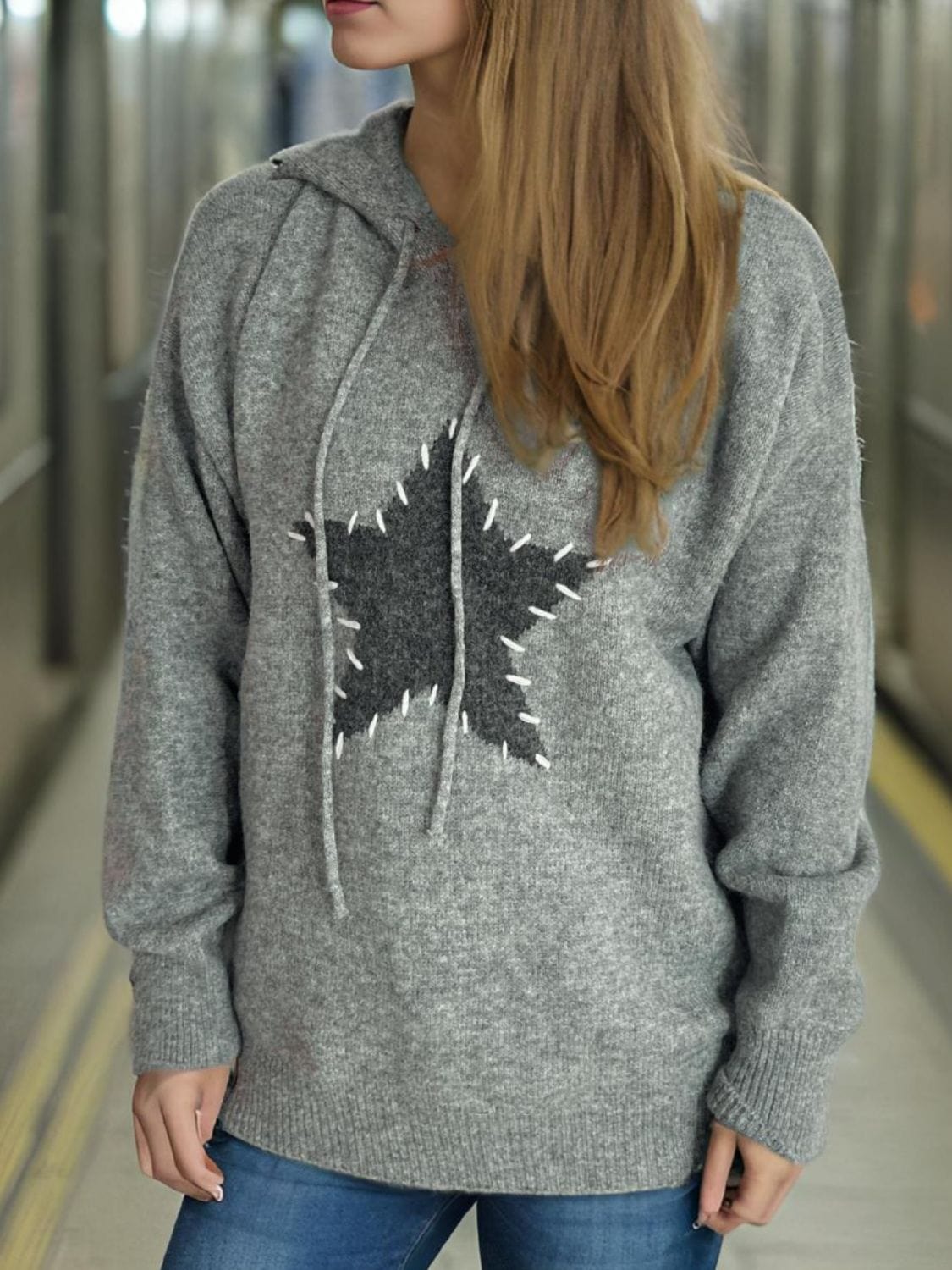 Drawstring Star Long Sleeve Hooded Sweater - Trendsi