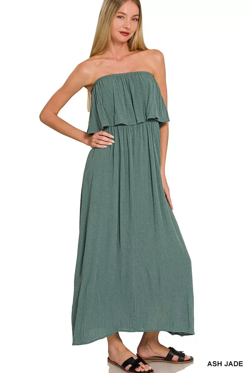 Zenana Woven Crinkle Strapless Maxi Dress - Trendsi - Flyclothing LLC