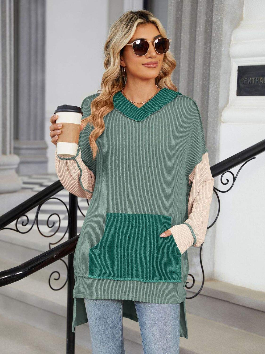 Double Take Contrast Hooded Long Sleeve Top - Trendsi - Flyclothing LLC