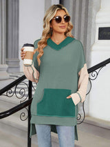 Double Take Contrast Hooded Long Sleeve Top - Trendsi - Flyclothing LLC