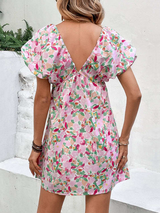 Printed V-Neck Puff Sleeve Mini Dress - Trendsi - Flyclothing LLC