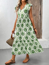 Ruffled Printed V-Neck Cap Sleeve Dress - Trendsi - Flyclothing LLC