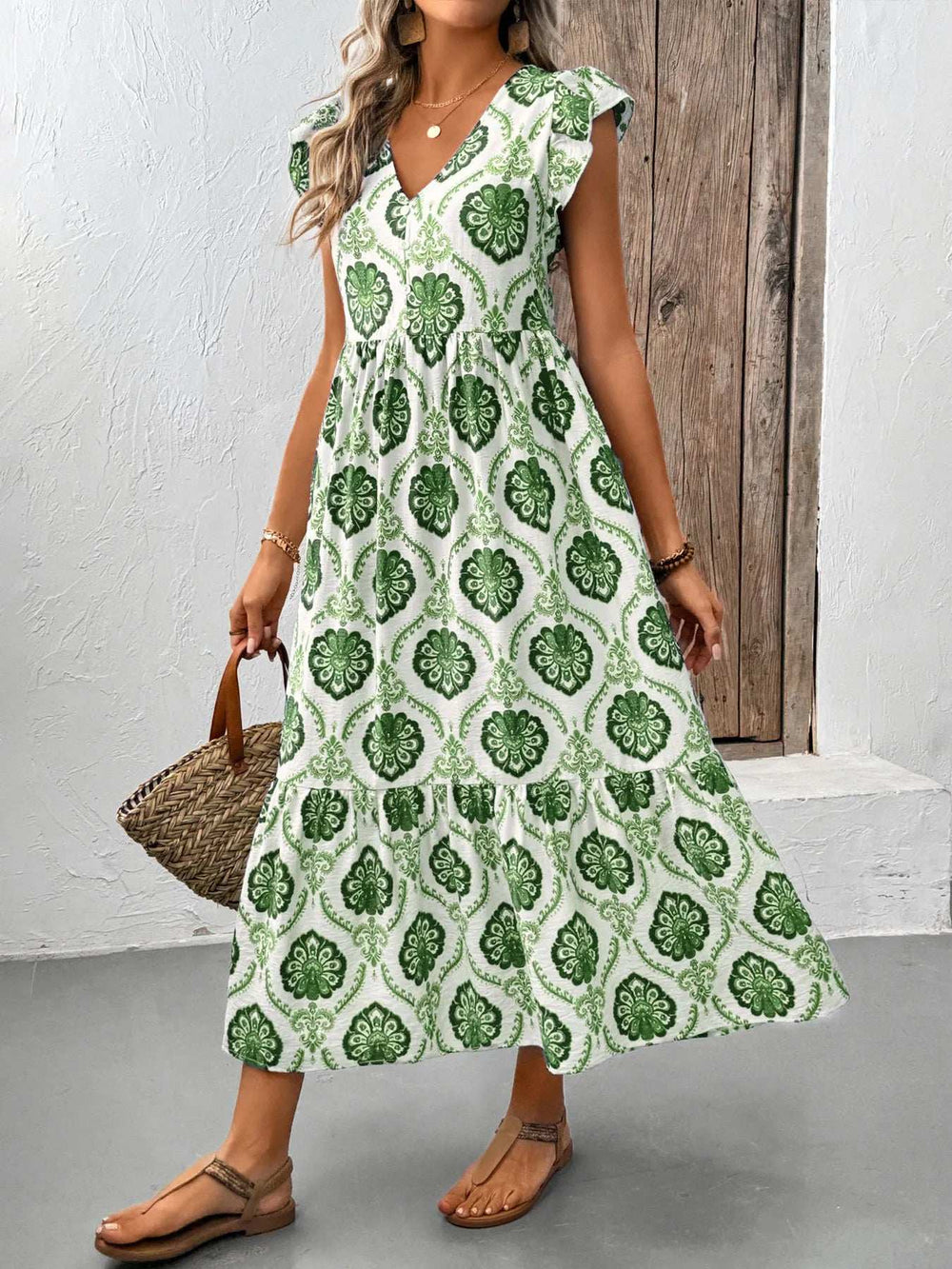 Ruffled Printed V-Neck Cap Sleeve Dress - Trendsi - Flyclothing LLC