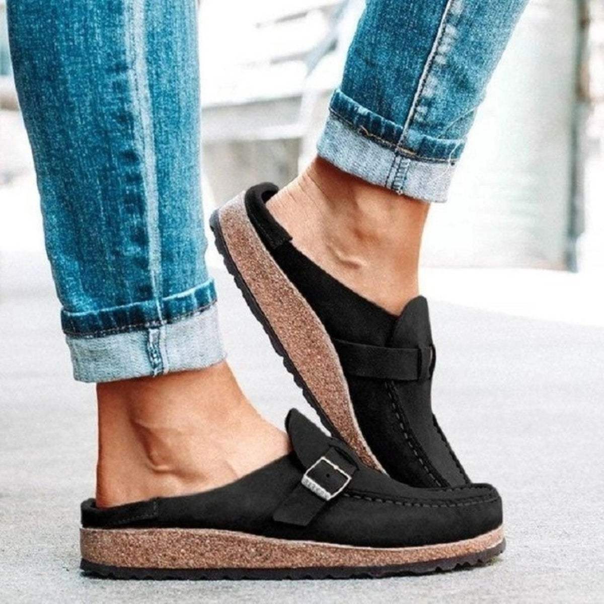 Round Toe Low Heel Buckle Sneakers - Trendsi - Flyclothing LLC