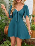 Smocked Back Knotted Flutter Sleeve Dress - Trendsi - Flyclothing LLC