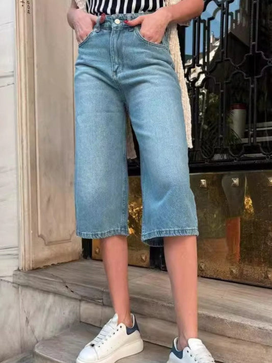 High Waist Denim Shorts with Pockets - Trendsi