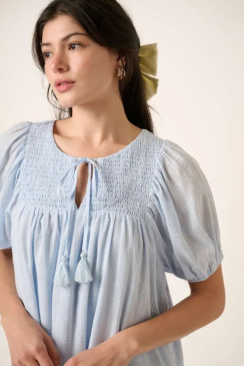 Mittoshop Tassel Tie Plaid Gauze Short Sleeve Mini Dress - Trendsi - Flyclothing LLC