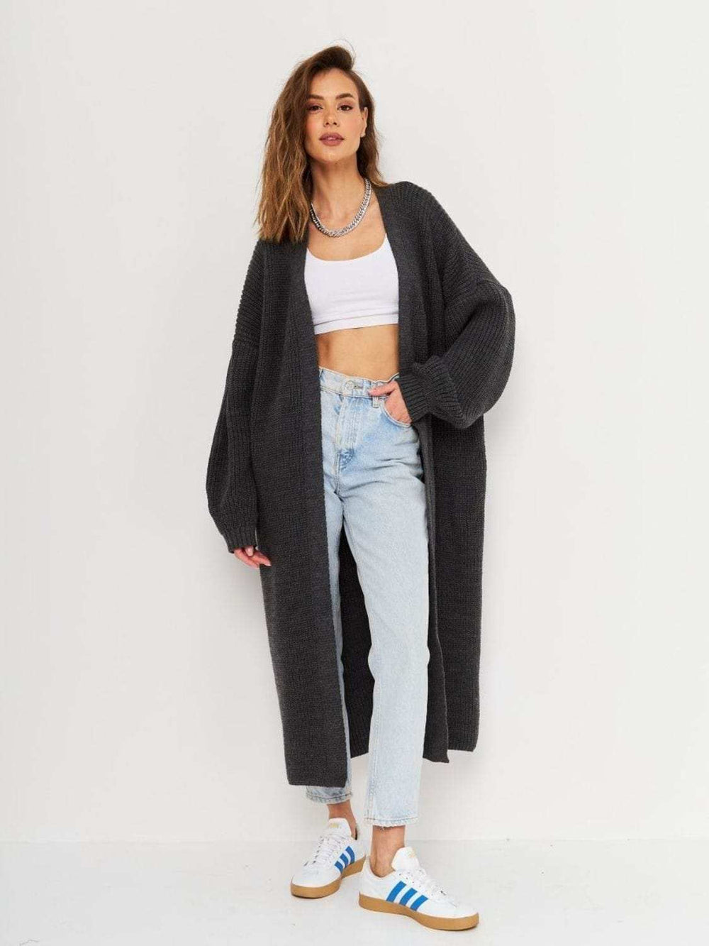 Open Front Long Sleeve Longline Cardigan - Trendsi