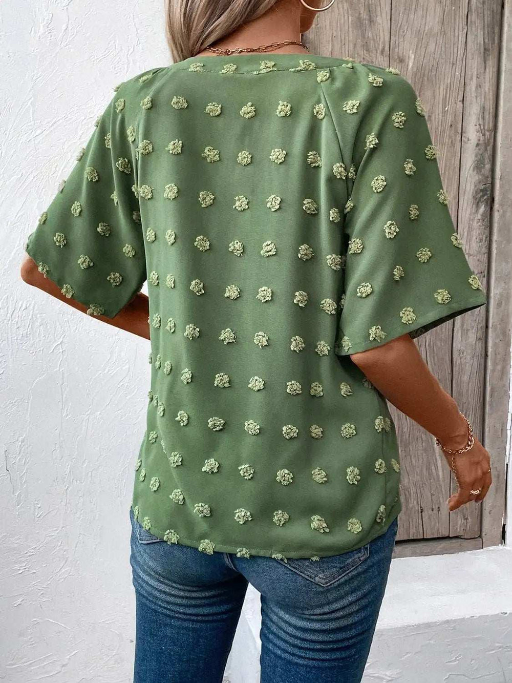 Swiss Dot Notched Half Sleeve Blouse - Trendsi - Flyclothing LLC