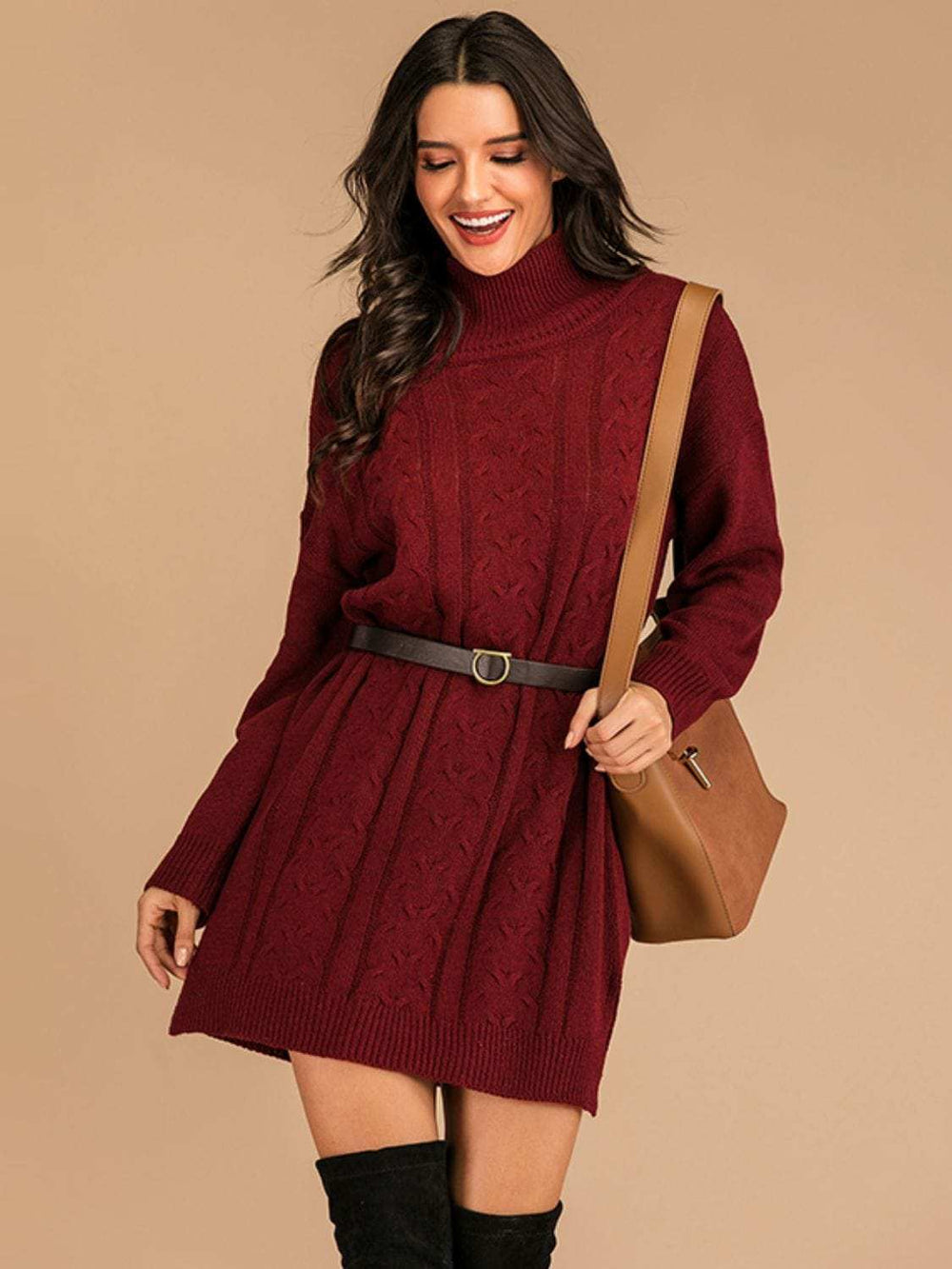 Perfee Slit Turtleneck Long Sleeve Mini Sweater Dress - Trendsi - Flyclothing LLC