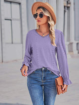 Eyelet V-Neck Flounce Sleeve Blouse - Trendsi - Flyclothing LLC