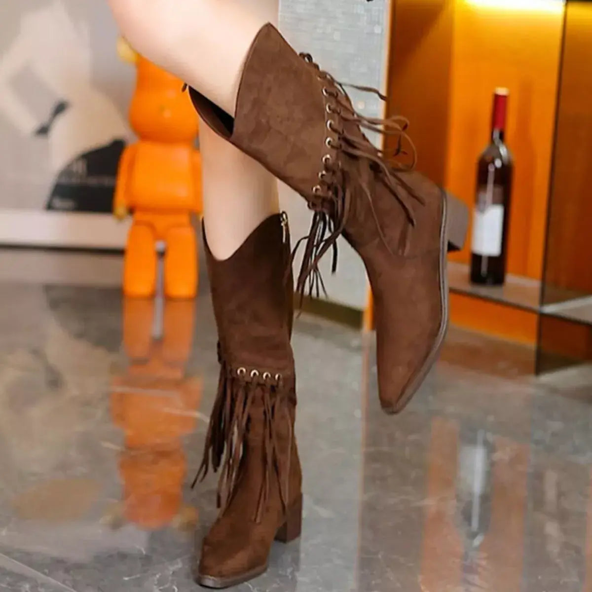 Fringed Point Toe Block Heel Boots - Trendsi - Flyclothing LLC