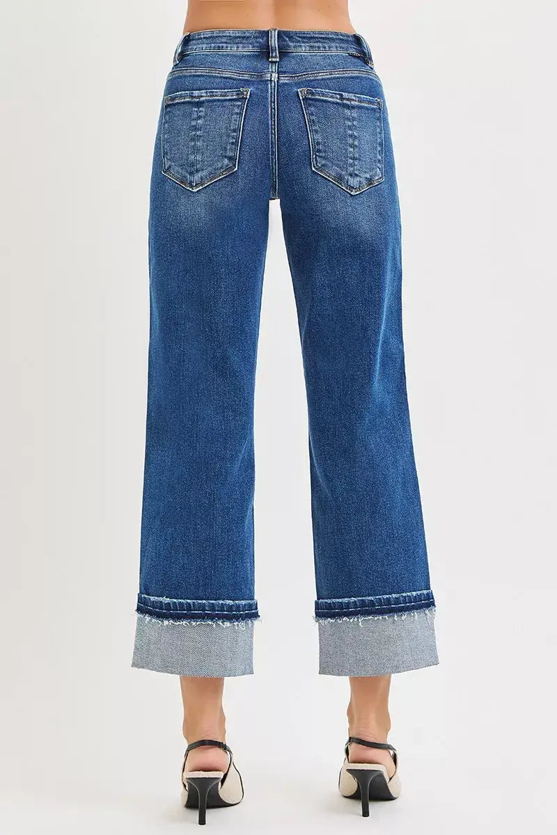 RISEN Mid Rise Ankle Straight Jeans with Cuffed Hem - Trendsi - Flyclothing LLC