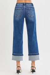 RISEN Mid Rise Ankle Straight Jeans with Cuffed Hem - Trendsi - Flyclothing LLC