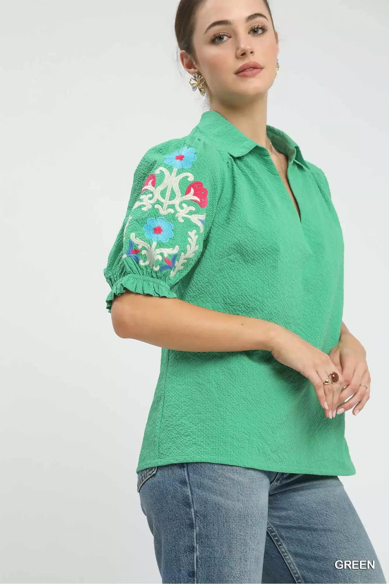Umgee Seersucker Embroidered Sleeve Blouse - Trendsi - Flyclothing LLC