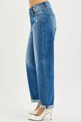 RISEN Full Size Mid Rise Barrel Double Roll Up Jeans Plus Size - Trendsi - Flyclothing LLC