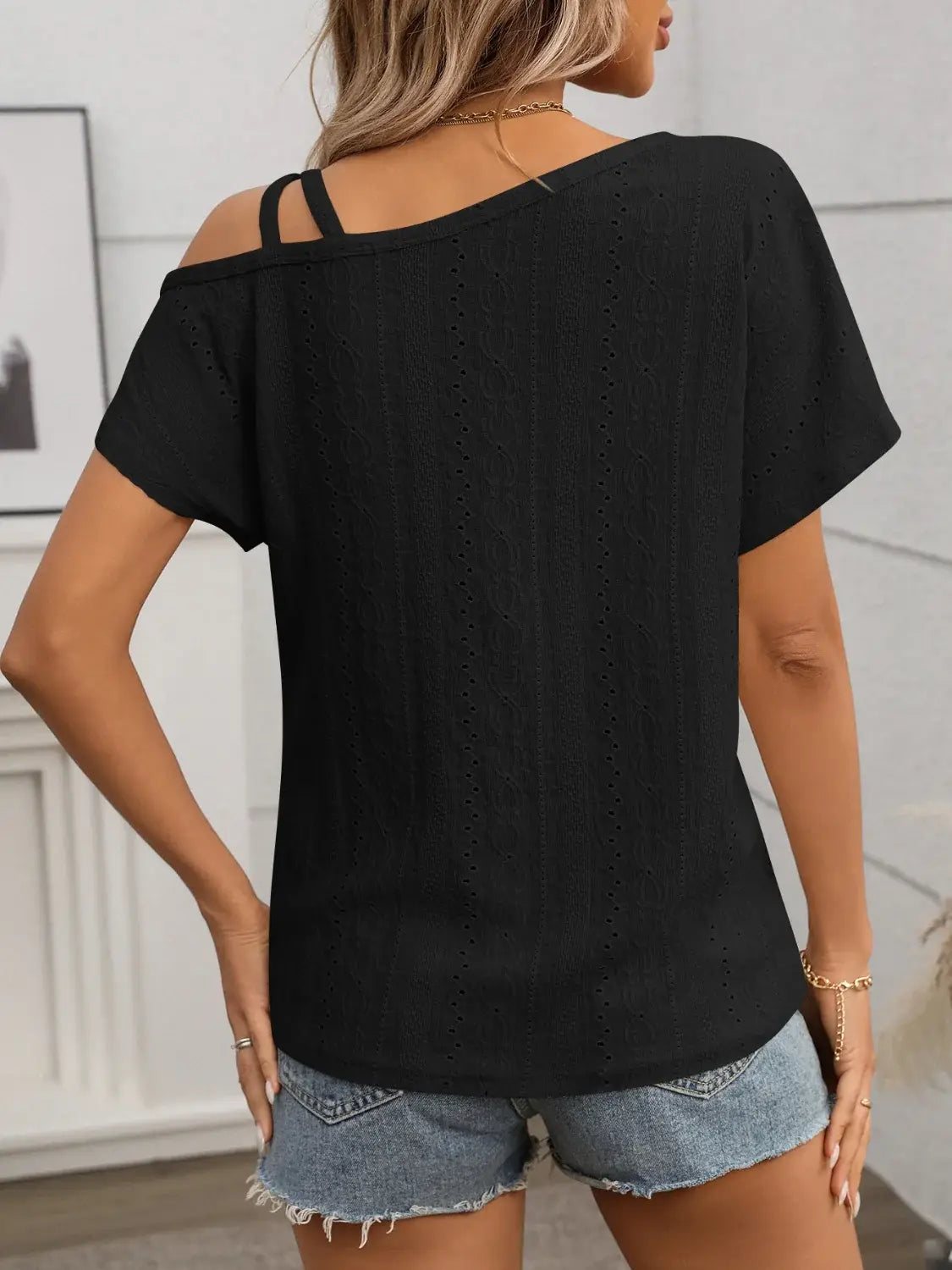 Eyelet Asymmetrical Shoulder Short Sleeve T-Shirt - Trendsi - Flyclothing LLC