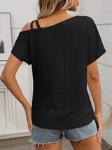 Eyelet Asymmetrical Shoulder Short Sleeve T-Shirt - Trendsi - Flyclothing LLC