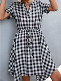 Plaid Notched Short Sleeve Dress - Trendsi - Flyclothing LLC