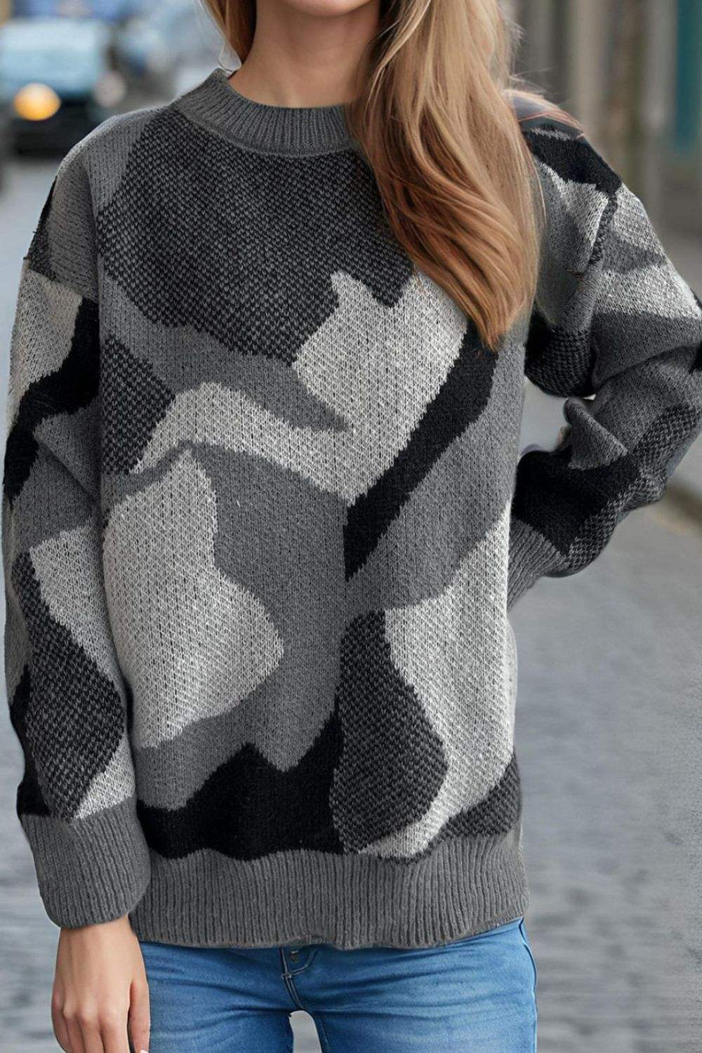 Contrast Round Neck Long Sleeve Sweater - Trendsi - Flyclothing LLC