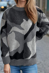 Contrast Round Neck Long Sleeve Sweater - Trendsi - Flyclothing LLC
